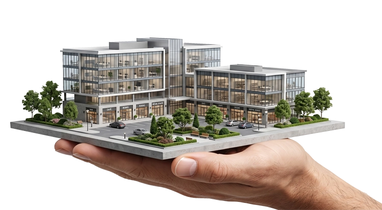 Maqueta de un desarrollo inmobiliario en la palma de una mano